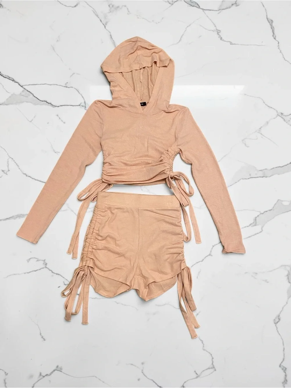 Light Pink Boutique Ruched Hoodie & Shorts Set